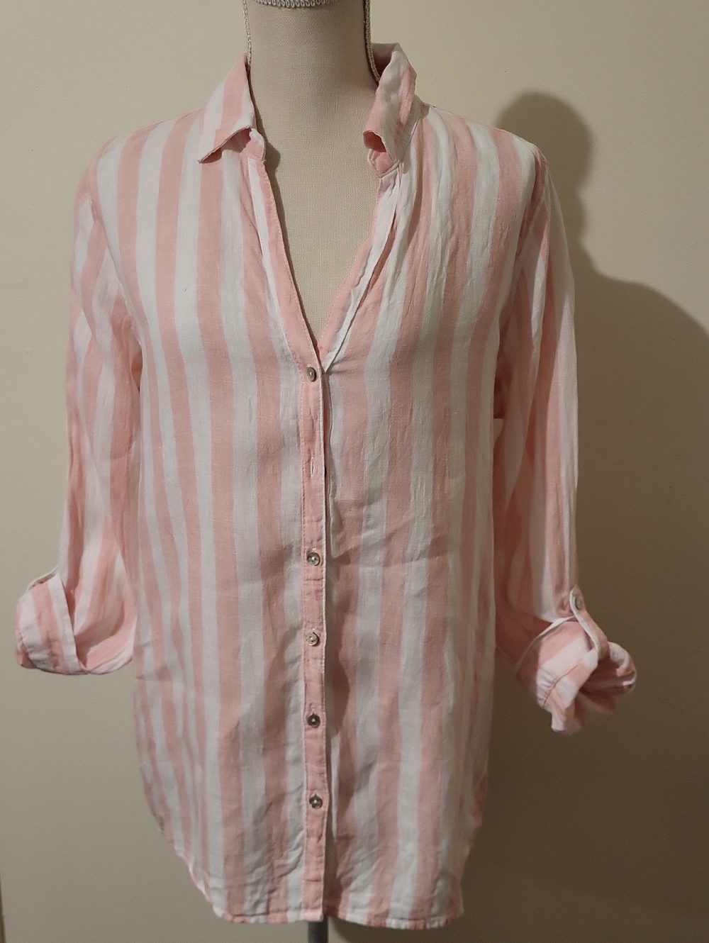 Womens Pink and White Striped Linen Button-Down Shirt Sz L Roll Tab Long Sleeves